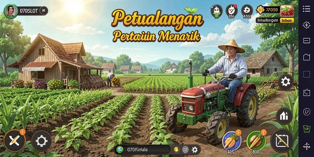 Tampilan permainan <strong>070SLOT</strong> dengan ladang hijau dan hewan lucu.