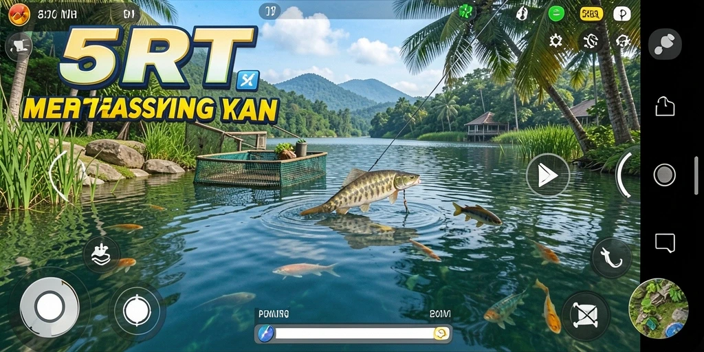 Screenshot gameplay 5RT menampilkan aktivitas memancing yang seru.