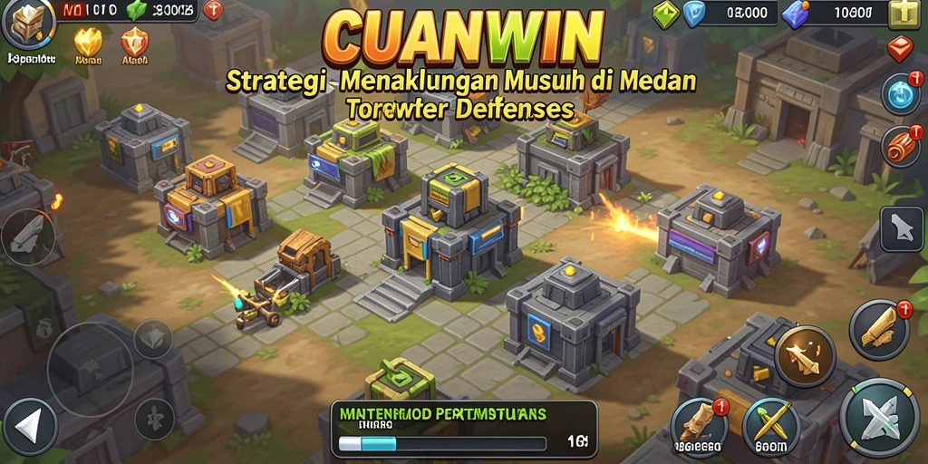 Tangkapan layar utama gameplay CUANWIN di medan pertempuran Tower Defense.