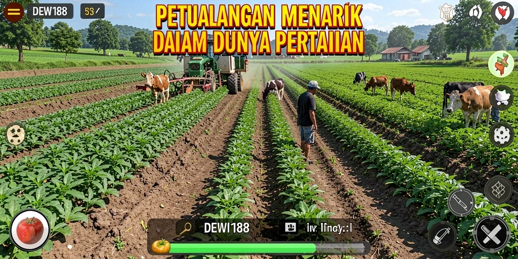 Tangkapan layar gameplay DEWI188 menunjukkan aktivitas bertani yang seru.