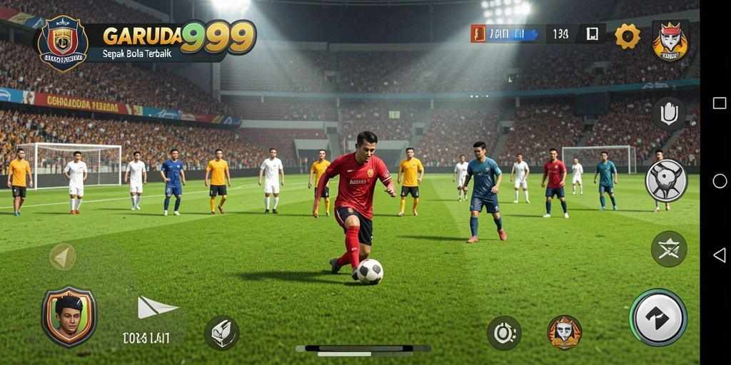 Tangkapan layar dari gameplay GARUDA999 yang menampilkan aksi pertandingan sepak bola.