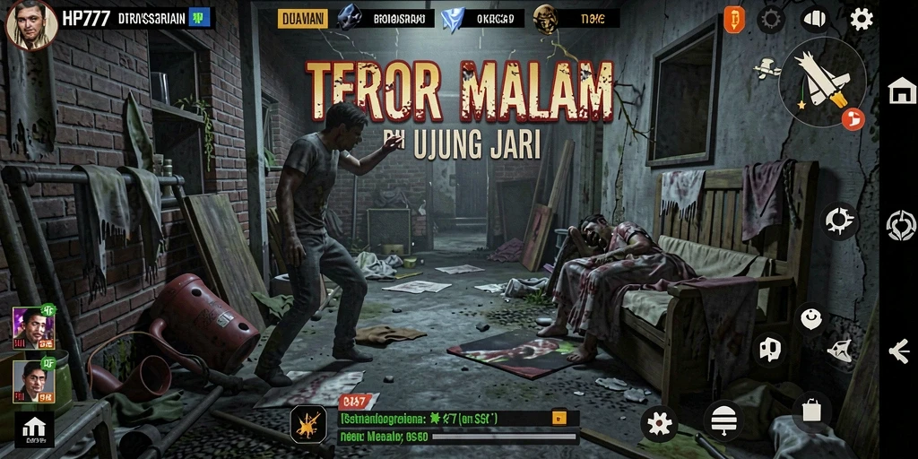 Screenshot menunjukkan adegan seram dalam gameplay HP777.