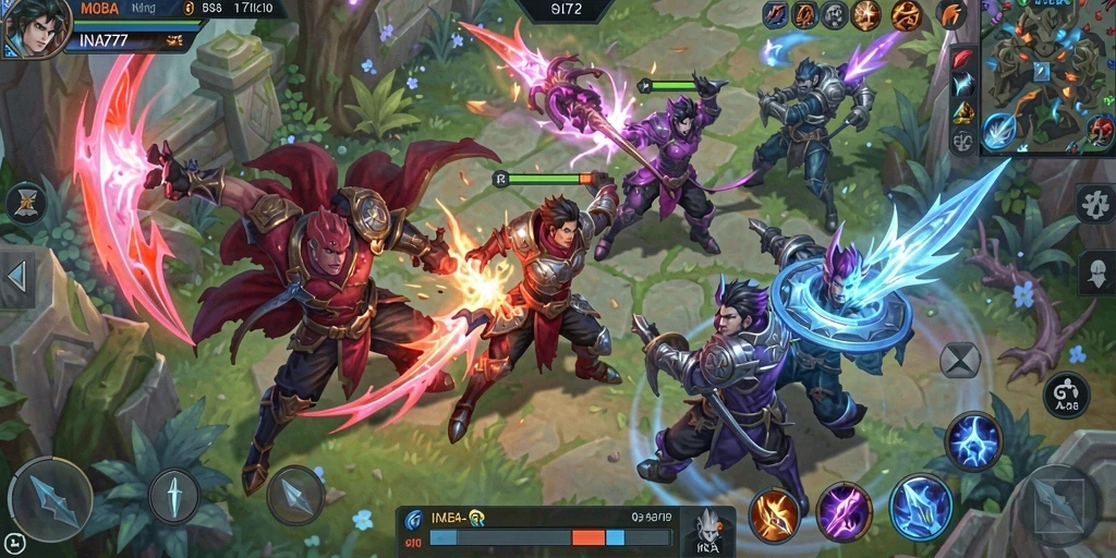 Screenshot gameplay INA777 menampilkan pertempuran MOBA yang mendebarkan.