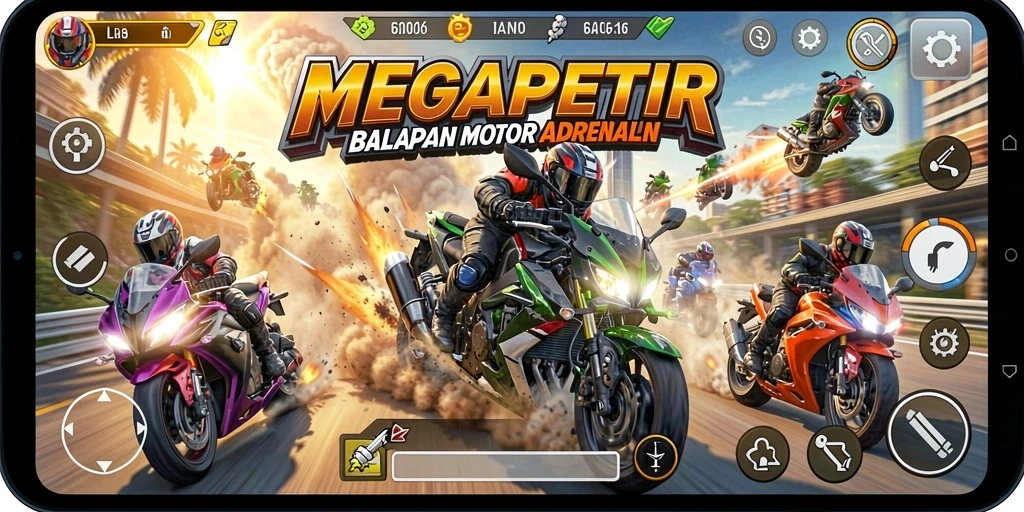 Tampilan gameplay seru di <strong>MEGAPETIR</strong> saat balapan motor di trek menantang.