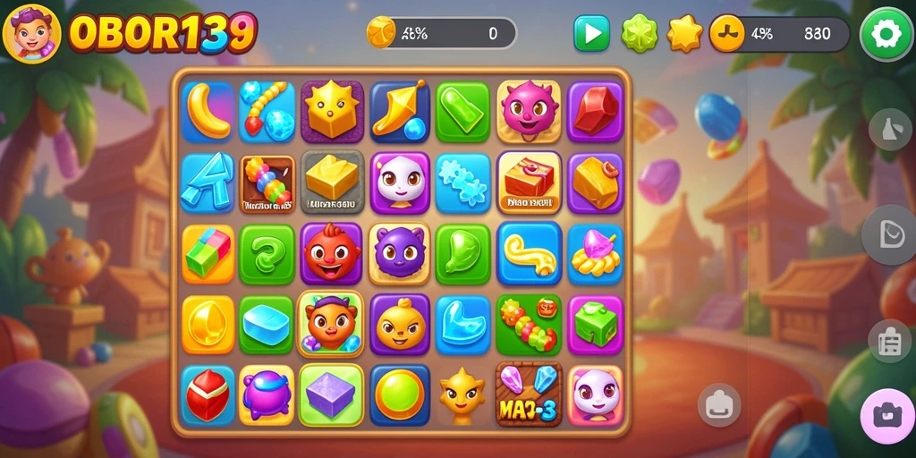 Tampilan gameplay seru dalam OBOR138 dengan elemen match-3.