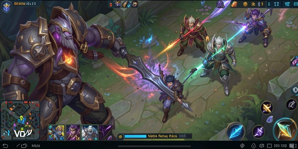 Screenshot gameplay RVIP1 menunjukkan aksi seru dan strategi tim MOBA.
