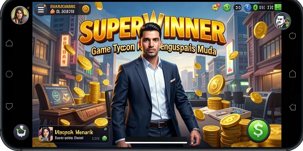 Tampilan gameplay SUPERWINNER yang menunjukkan strategi bisnis yang menarik.