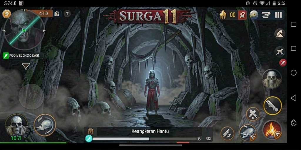 Screenshot gameplay SURGA11: suasana gelap dan mencekam dengan hantu.